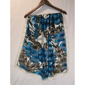 Elaine Gold Silk Scarf Large Floral Blue Brown White Stripe Border Designer